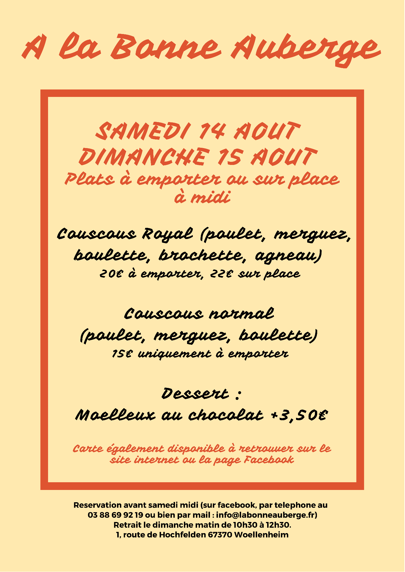 Samedi 14 Aout Et Dimanche 15aout 21 A La Bonne Auberge